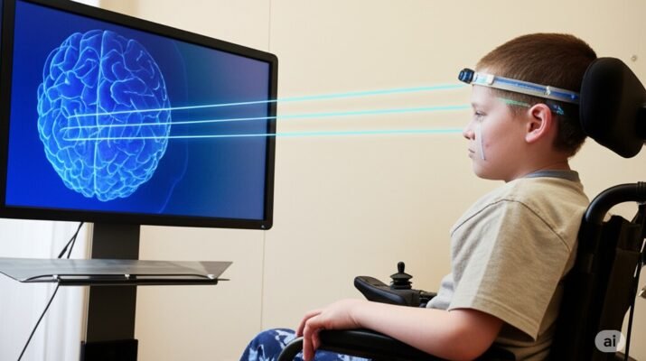 Seorang pasien di kursi roda dengan perangkat Brain-Computer Interface di kepalanya, menatap layar komputer yang menampilkan antarmuka kendali.