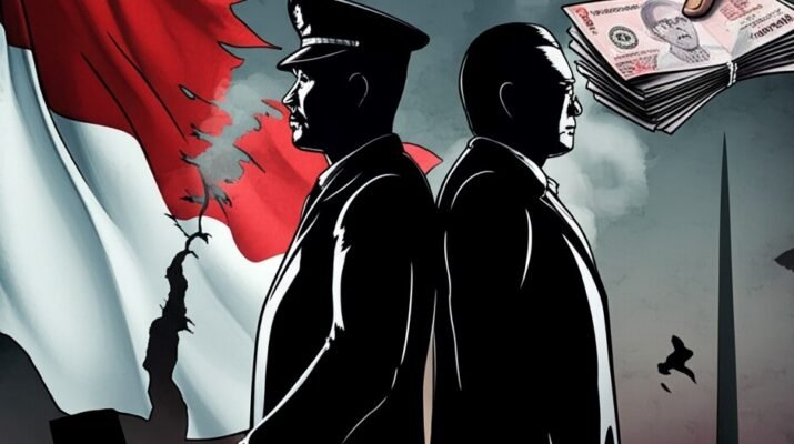 Ilustrasi simbolik tentang kondisi politik di Indonesia, menampilkan dua tokoh bayangan, bendera robek, demonstrasi mahasiswa, dan ijazah melayang yang diperiksa kaca pembesar.