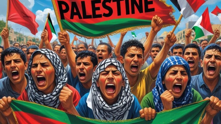 Ilustrasi kerumunan orang mengangkat spanduk besar bertuliskan "FREE PALESTINE" dengan latar bendera Palestina dan merah, menunjukkan protes massal. Latar belakang menampilkan langit biru dan bangunan, melambangkan solidaritas internasional yang menekan Israel dan Amerika di tengah konflik Gaza.