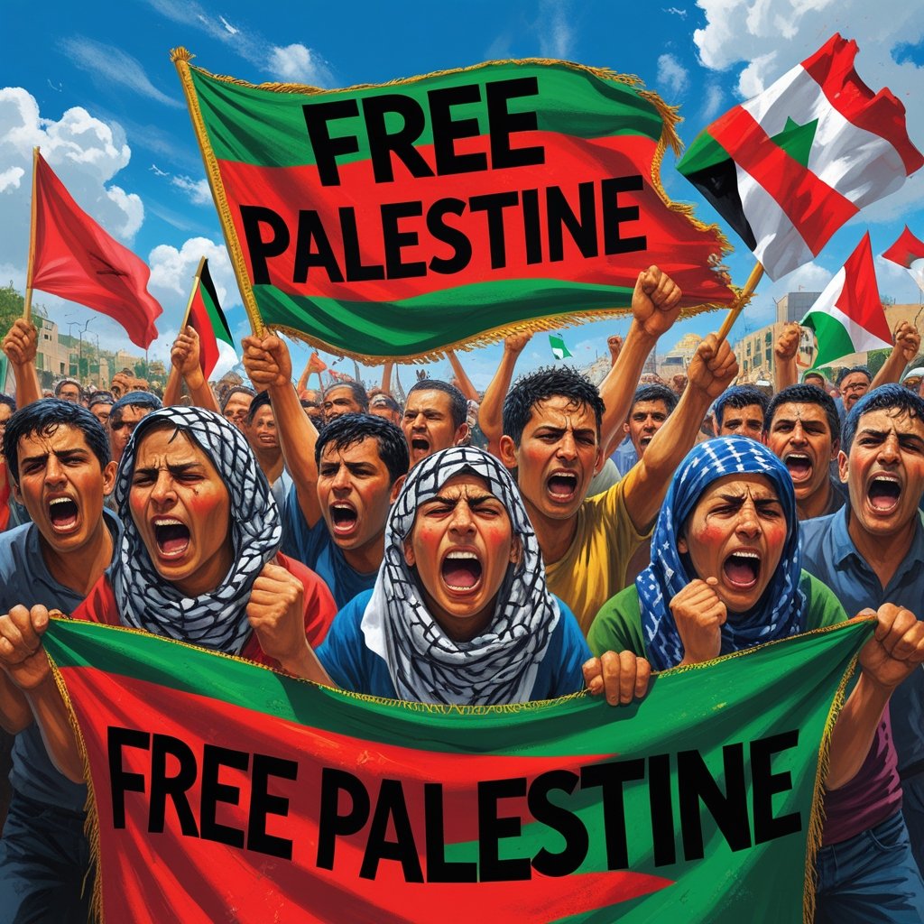 Ilustrasi kerumunan orang mengangkat spanduk besar bertuliskan "FREE PALESTINE" dengan latar bendera Palestina dan merah, menunjukkan protes massal. Latar belakang menampilkan langit biru dan bangunan, melambangkan solidaritas internasional yang menekan Israel dan Amerika di tengah konflik Gaza.