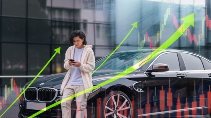 Anak muda berpakaian kasual berdiri sambil melihat ponsel di depan mobil mewah hitam, dengan grafik pasar saham dan panah hijau naik di latar visual.