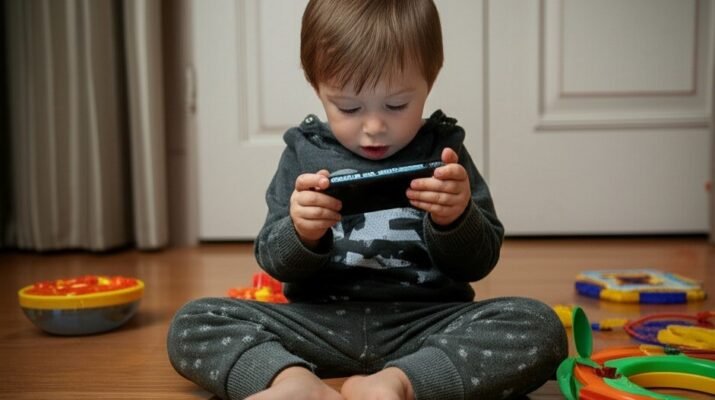 Seorang anak kecil di bawah lima tahun duduk di lantai, memegang erat ponsel dan fokus pada layarnya, dengan mainan berserakan di sekitarnya.