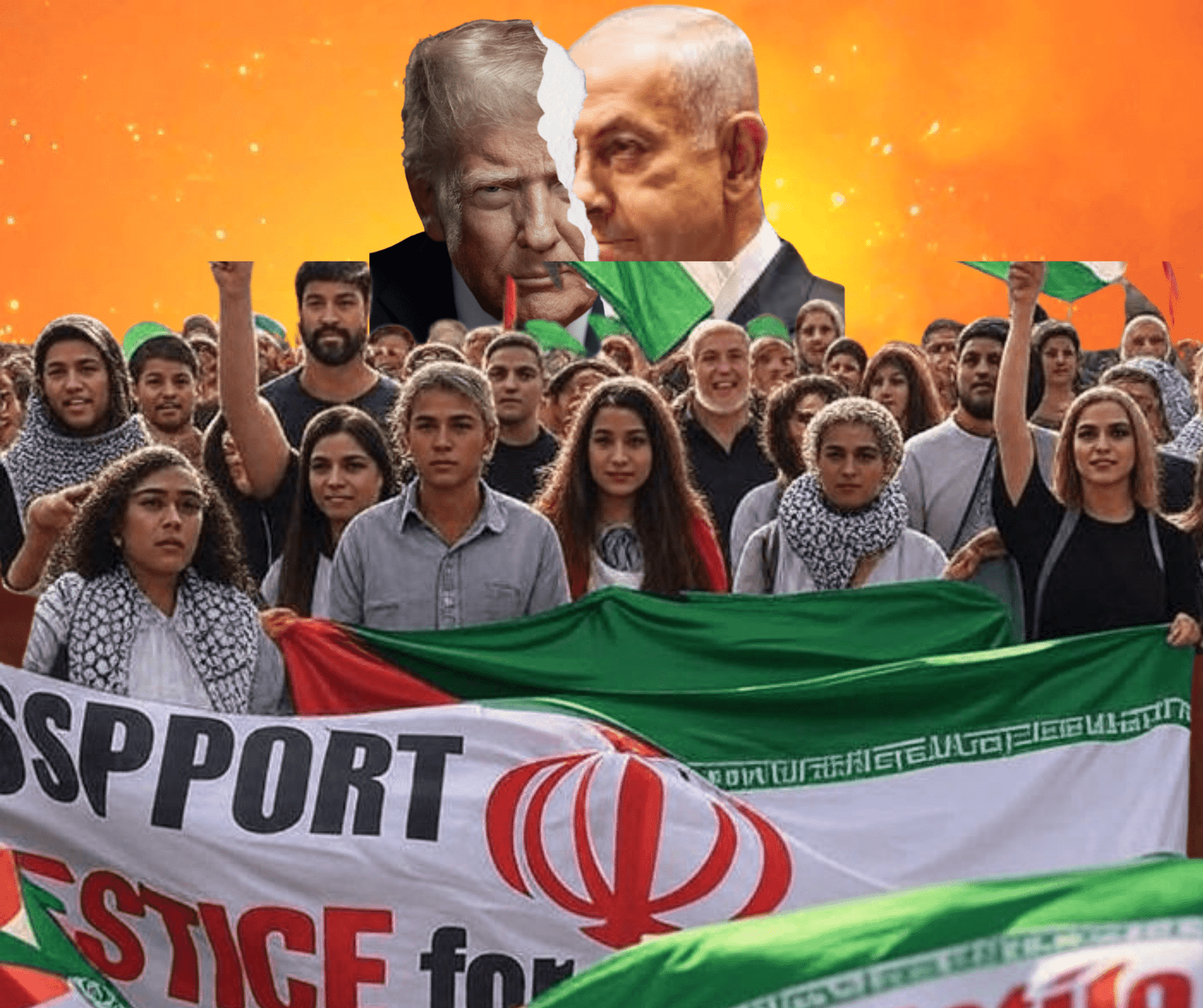 Gambar kolase menampilkan peta Timur Tengah dengan bendera Israel dan Iran di latar belakang. Wajah Donald Trump dan Benjamin Netanyahu dipisahkan oleh garis putus-putus, menunjukkan perpecahan. Sosok dengan jubah hitam memegang bendera Iran, melambangkan dukungan Iran terhadap Palestina di tengah tekanan internasional terhadap Israel dan Amerika.