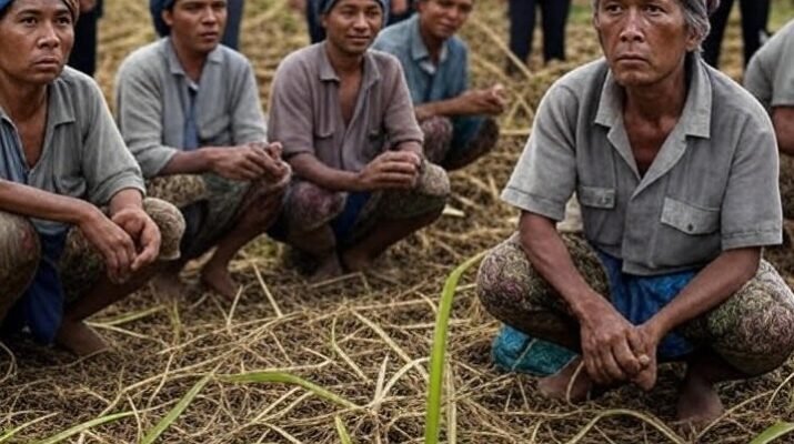 Gambar menunjukkan rakyat yang duduk di ladang dengan wajah lesu dan penuh keputusasaan, dikelilingi oleh rumput kering. Di belakang mereka, berdiri para pria berdasi dalam setelan formal, tampak sebagai pejabat atau elit korporasi, dengan ekspresi serius, melambangkan konflik dan ketimpangan antara petani dan kekuatan pemerintah/perusahaan.