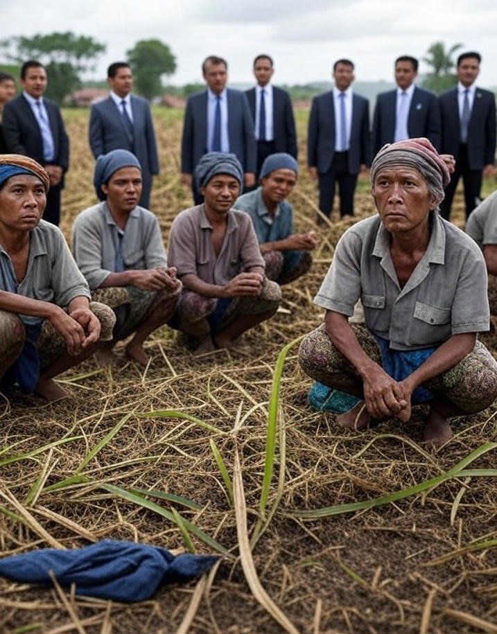 Gambar menunjukkan beberapa petani tebu yang duduk di ladang dengan wajah lesu dan penuh keputusasaan, dikelilingi oleh rumput tebu kering. Di belakang mereka, berdiri para pria berdasi dalam setelan formal, tampak sebagai pejabat atau elit korporasi, dengan ekspresi serius, melambangkan konflik dan ketimpangan antara petani dan kekuatan pemerintah/perusahaan.