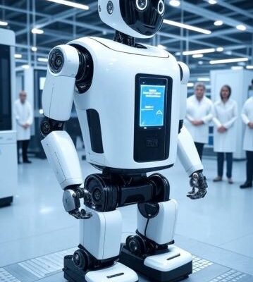 Gambar Walker S2, robot humanoid canggih dari UBTech Robotics, mengganti baterainya sendiri di stasiun teknologi tinggi di lingkungan pabrik futuristik dengan insinyur mengamati.