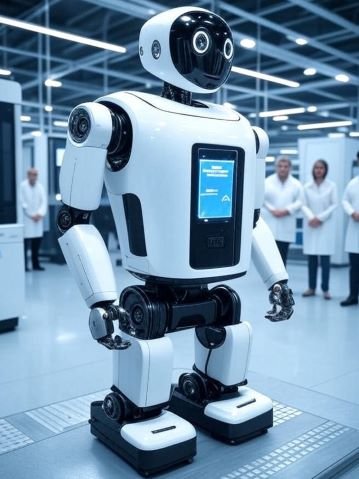 Gambar Walker S2, robot humanoid canggih dari UBTech Robotics, mengganti baterainya sendiri di stasiun teknologi tinggi di lingkungan pabrik futuristik dengan insinyur mengamati.