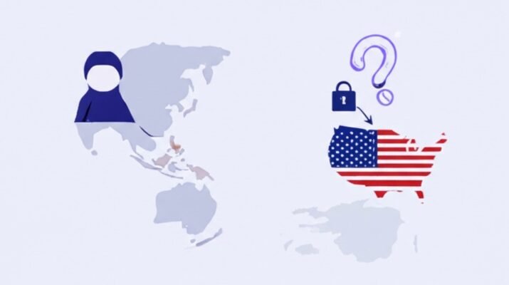 Ilustrasi transfer data pribadi dari Indonesia ke AS, menampilkan figur anonim dengan pakaian tradisional Indonesia di sebelah kiri, ikon kunci dan tanda tanya di tengah, serta peta AS dengan bendera di sebelah kanan, melambangkan isu kesepakatan dagang dan ketidakpastian perlindungan data.