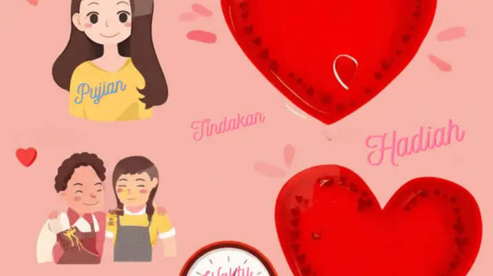 Ilustrasi pasangan suami istri bahagia dikelilingi simbol-simbol lima bahasa kasih