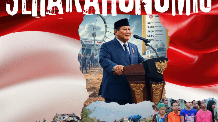 Gambar ilustrasi "Serakahonomic" menampilkan Presiden Prabowo di podium mewah dengan data 5.12% GDP, cermin retak memantulkan UMKM terpuruk, tambang rusak, dan warga protes disensor, serta tumpukan sampah dan pengungsi dengan gas LPG di bawahnya.