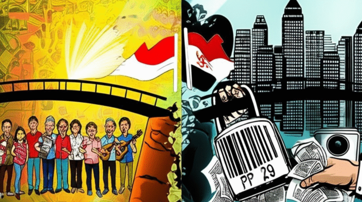 Ilustrasi alegoris tentang perdebatan Undang-Undang Hak Cipta di Indonesia, menampilkan kelompok seniman yang bergandengan tangan di sisi "Fungsi Sosial" jembatan yang retak, berlatar mural komunitas yang cerah. Di sisi "Kapitalisme Individualis", sosok korporat memegang gembok besar dan invoice royalti di depan pagar tertutup. Seorang anak kecil dengan gitar berdiri di tepi jembatan yang rusak.