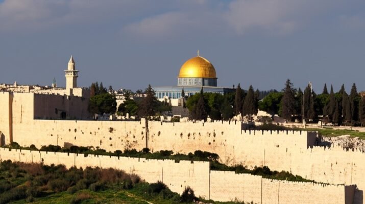 Kubah emas Masjid Al-Aqsa terlihat di balik tembok-tembok batu yang kusam dan tampak sedikit rusak.