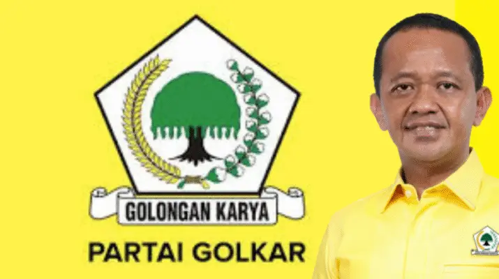 Gambar menampilkan logo Partai Golkar dengan pohon beringin hijau di dalam pentagon putih yang dikelilingi daun dan pita bertuliskan "Golongan Karya Partai Golkar" pada latar belakang kuning. Di sebelah kanan, terdapat foto Bahlil Lahadalia mengenakan kemeja kuning dengan logo Golkar kecil di saku, terkait isu Munaslub 2025.