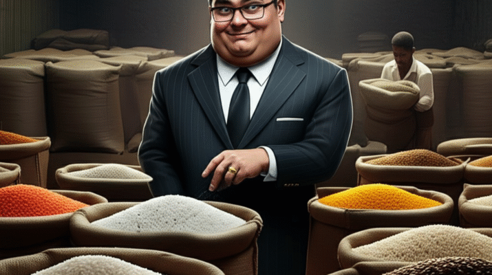 Pengusaha serakah tersenyum rakus di gudang beras yang sedang dicampur-campur oleh pekerja di bawah pengawasan korporasi besar