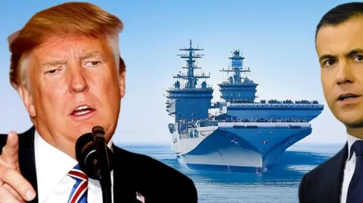 Dua tokoh politik, Trump menunjuk, Medvedev melihat ke arah kapal perang nuklir di latar belakang