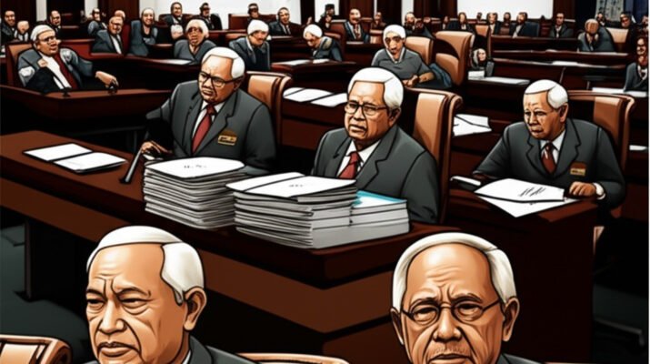 Ilustrasi realistis ruang sidang parlemen yang kosong dengan beberapa anggota DPR lansia yang sudah puluhan tahun jadi anggota DPR