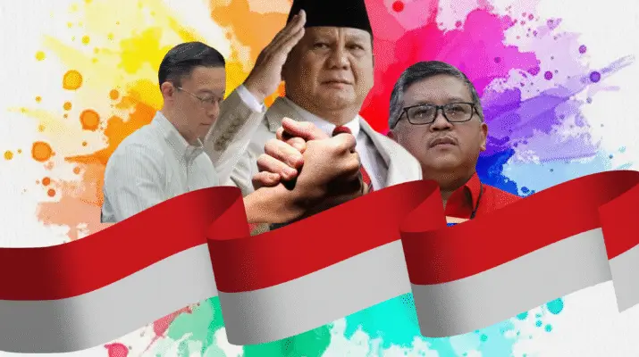 Gambar kolase tiga tokoh pria dengan latar belakang warna-warni yang cerah, seperti percikan cat merah, kuning, biru, dan hijau. Di tengah gambar, dua tangan pria saling berjabat erat, melambangkan persatuan. Di bawahnya, ada pita berwarna merah dan putih yang menyerupai bendera Indonesia, menambah nuansa nasionalisme.