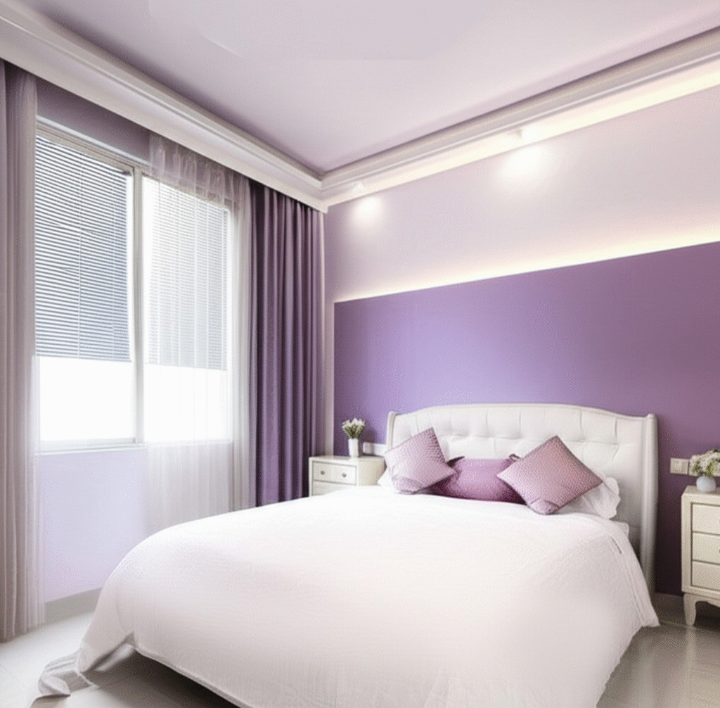 Kamar tidur dengan dinding lavender lembut, seprai putih bersih, bantal ungu, dan pencahayaan hangat dari lampu langit-langit modern. Tirai ungu tua melengkapi jendela dengan tirai tipis putih. Dua nakas putih dengan laci dan dekorasi bunga kecil terletak di sisi tempat tidur putih. Lantai keramik berwarna krem memberikan kesan bersih dan lapang.