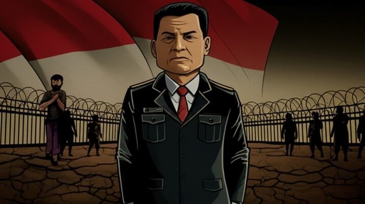 Ilustrasi seorang pria berpakaian formal berdiri dengan angkuh di atas tanah retak yang dikelilingi pagar kawat berduri, dengan siluet warga desa Indonesia yang tampak sedih dan terlantar di latar belakang di bawah bendera Indonesia yang pudar.