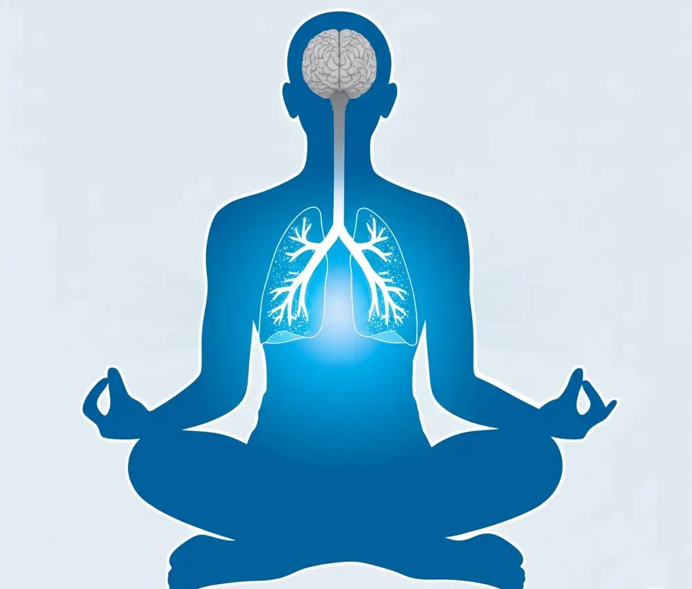 Ilustrasi minimalis berwarna biru menampilkan siluet manusia dengan organ otak dan paru-paru yang bercahaya di dalamnya, serta garis-garis aliran udara masuk dan keluar dari hidung.