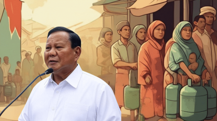 Ilustrasi Presiden Prabowo berpidato di podium dengan mikrofon, mengenakan kemeja putih, di depan latar belakang warga miskin mengantre membeli gas elpiji.
