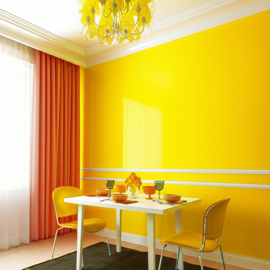 Ruang makan dengan dinding berwarna kuning cerah, satu jendela dengan tirai oranye dan putih tipis, serta gorden oranye tebal. Meja makan putih persegi panjang dikelilingi oleh dua kursi kuning di satu sisi dan ruang kosong di sisi lain. Meja dihiasi dengan alas piring oranye, mangkuk cokelat, gelas hijau, dan dekorasi buah oranye. Lantai berwarna krem dengan karpet cokelat gelap di bawah meja. Lampu gantung modern berwarna kuning mendominasi langit-langit.