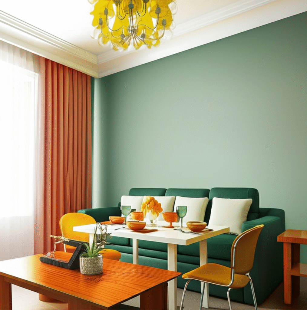 Ruang santai dengan dinding berwarna hijau sage lembut. Sebuah sofa panjang berwarna hijau tua dihiasi dengan bantal putih. Meja kopi kayu berwarna oranye dengan dekorasi modern dan tanaman kecil dalam pot putih terletak di depan sofa. Di sisi lain ruangan, tampak sebagian dari meja makan putih dan kursi kuning dari gambar sebelumnya, menciptakan transisi visual antar ruang. Lantai berwarna krem dengan sedikit bayangan gelap. Jendela dengan tirai putih tipis dan gorden oranye terlihat di latar belakang.