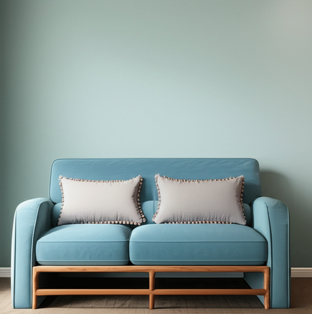 Sudut ruangan dengan dinding berwarna biru lembut. Sebuah sofa dua dudukan berwarna biru cerah dengan kaki kayu dan dua bantal persegi panjang berwarna krem dengan detail pompom terletak di depan dinding. Lantai kayu berwarna cokelat muda memberikan kesan hangat.
