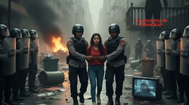 Seorang aktivis wanita ditangkap oleh dua polisi Indonesia bersenjata lengkap di tengah jalanan kota yang dipenuhi puing dan asap kerusuhan. Di latar belakang, barisan polisi anti huru-hara berdiri tegak, sementara sebuah api terlihat membara. Di sisi kanan bawah, sebuah televisi tua menampilkan wajah aktivis yang terlihat cemas. Di bagian atas gambar, siluet seorang pria berjas dengan ponsel di tangan terlihat sedang mengawasi, dengan teks 'DALANG BELUM TERUNGKAP' yang menegaskan bahwa dalang dibalik kerusuhan masih menjadi misteri. Di bagian bawah gambar, sebuah spanduk merah bertuliskan 'DEMOKRASI!' terbentang