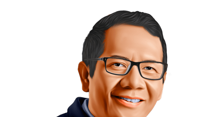 Ilustrasi digital seorang pria berkacamata dengan setelan jas biru tua, tersenyum sambil menyandarkan dagu di tangan, dengan latar belakang hitam, menggambarkan sosok Mahfud MD yang dikenal tegas dan cekatan.